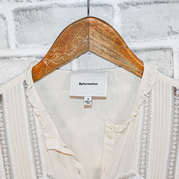 REFORMATION Women's Kristen Long Sleeve Midi Dress in Ivory Lace trim size 4 - Picture 3 of 10